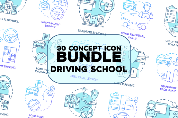 Driving School Blue Concept Icons Bundle