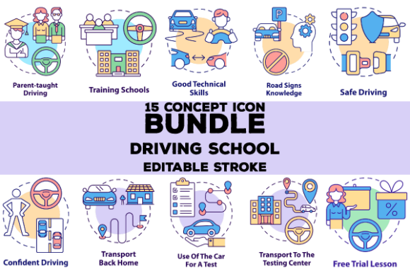 Driving School Concept Icons Bundle Graphics