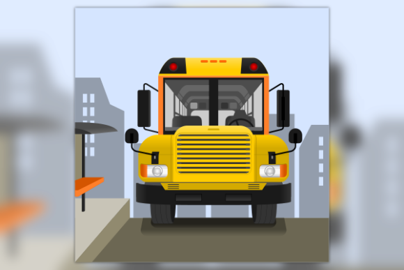 school bus on road with cityscape graphics